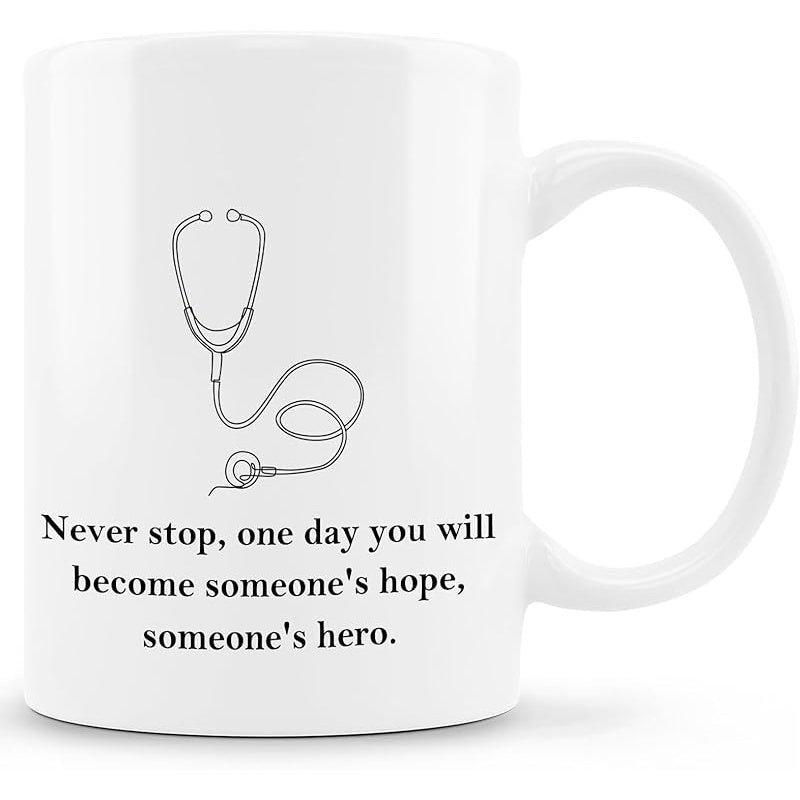 Tailorly White Ceramic 11 oz Mug - Never Stop One Day You Will Become Someone's Hope Someone's Hero Minimalist Black Line Drawing Featuring A Coiled Instrument