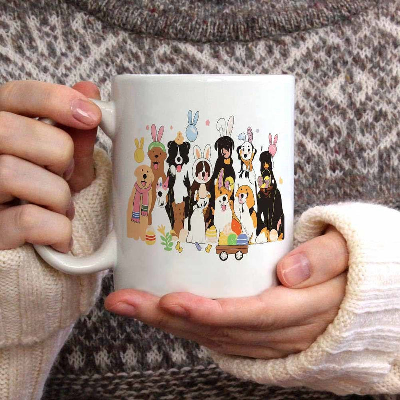 Tailorly White Ceramic 11 oz Mug - Diverse Breeds Of Puppies Wearing Colorful Festive Bunny Ears For Easter Dogs