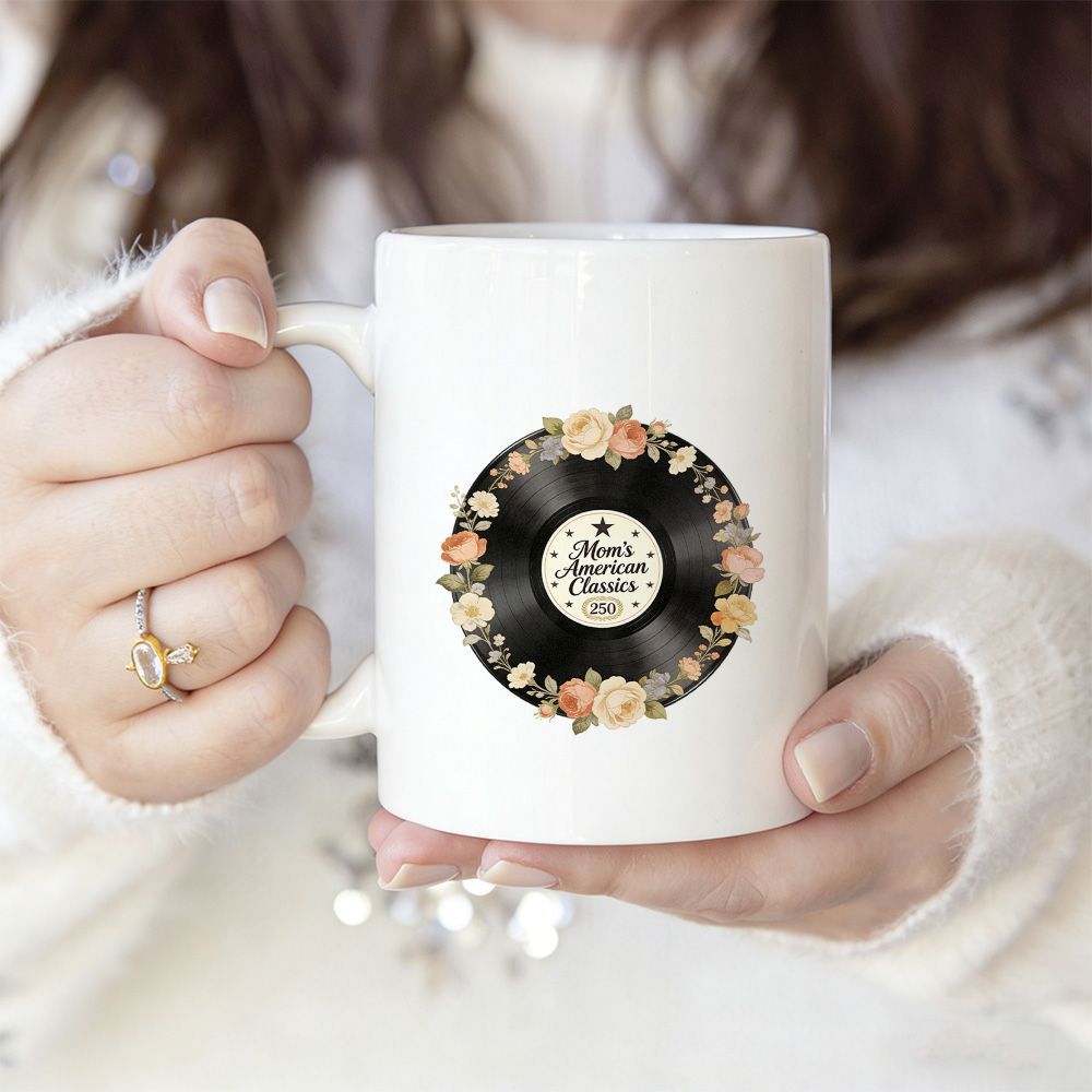 Tailorly White Ceramic 11 oz Mug - Moms American Classics Vintage Black Vinyl Record Surrounded By An Elegant Autumnal Floral Wreath Record