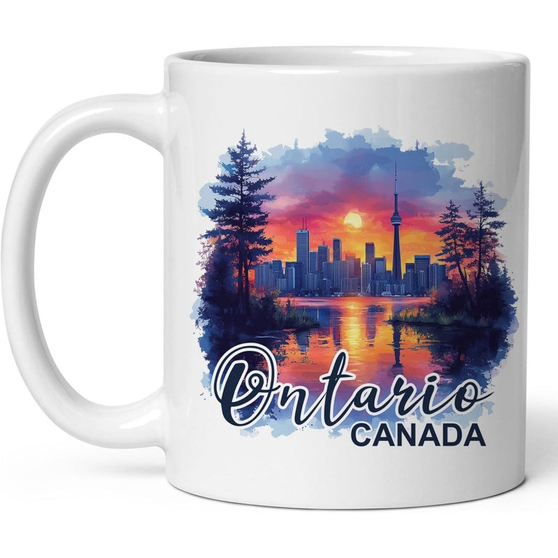 Tailorly White Ceramic 11 oz Mug - Ontario Canada Vibrant Sunset Colors Reflecting Over A Distant City Watercolor Skyline
