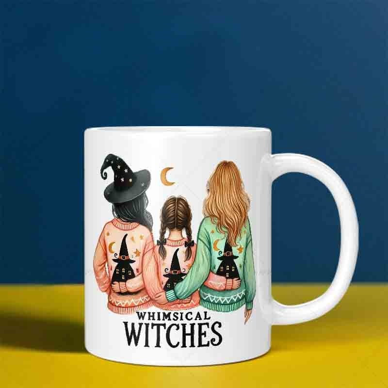 Tailorly White Ceramic 11 oz Mug - Whimsical Witches Three Friends Wearing Pointed Hats Under A Small Crescent Moon Witch