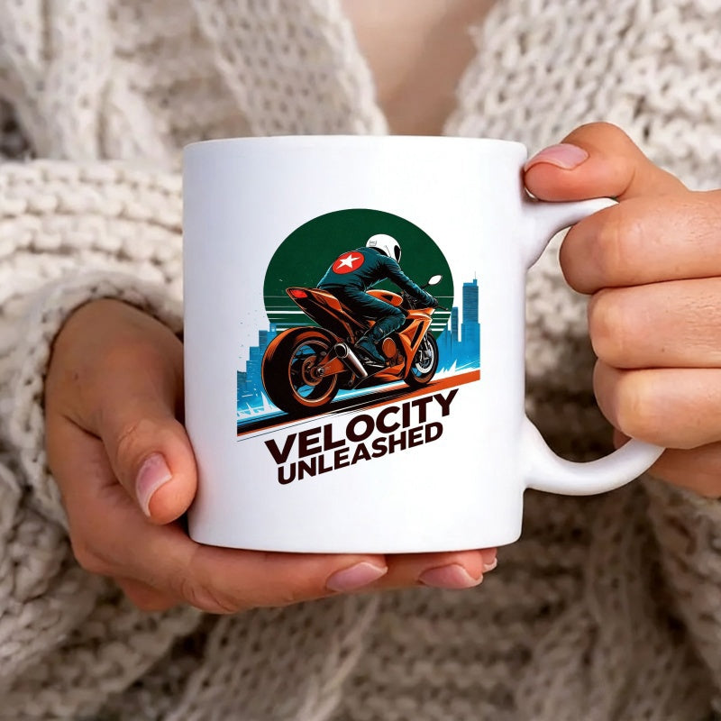 Tailorly White Ceramic 11 oz Mug - Velocity Unleashed Modern Vector Illustration Of A Sportbike Racing Through A Digital Cityscape Motorcycle