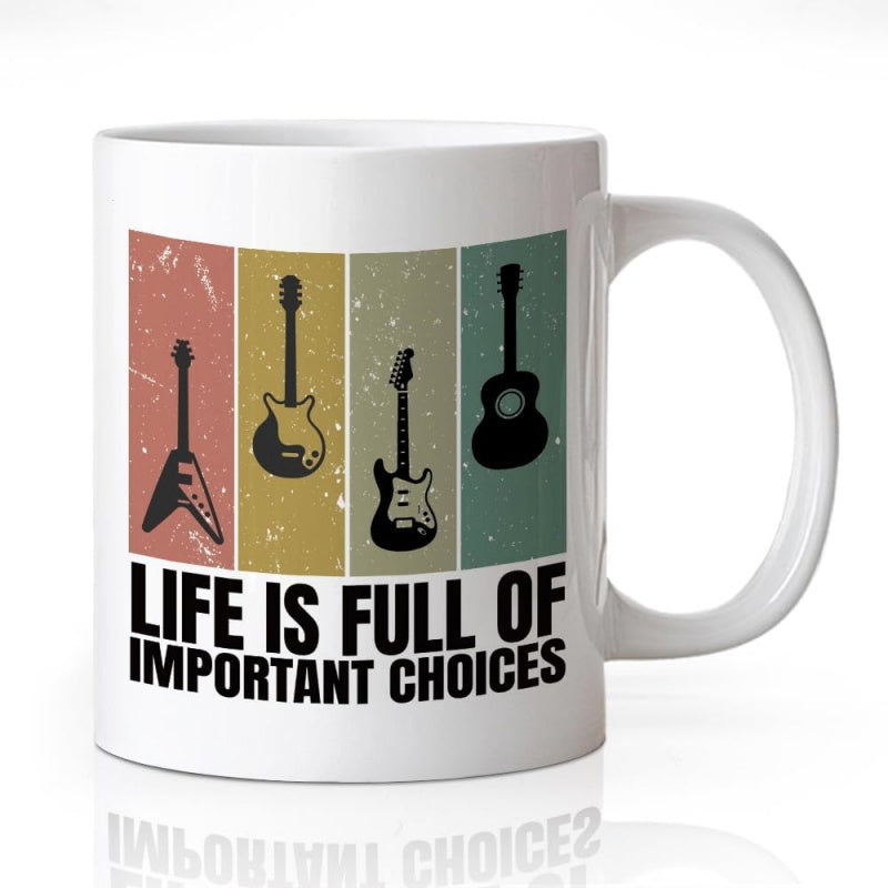 Tailorly White Ceramic 11 oz Mug - Life Is Full Of Important Choices Vintage Retro Style Music Silhouette With Diverse String Instrument Collection Guitar