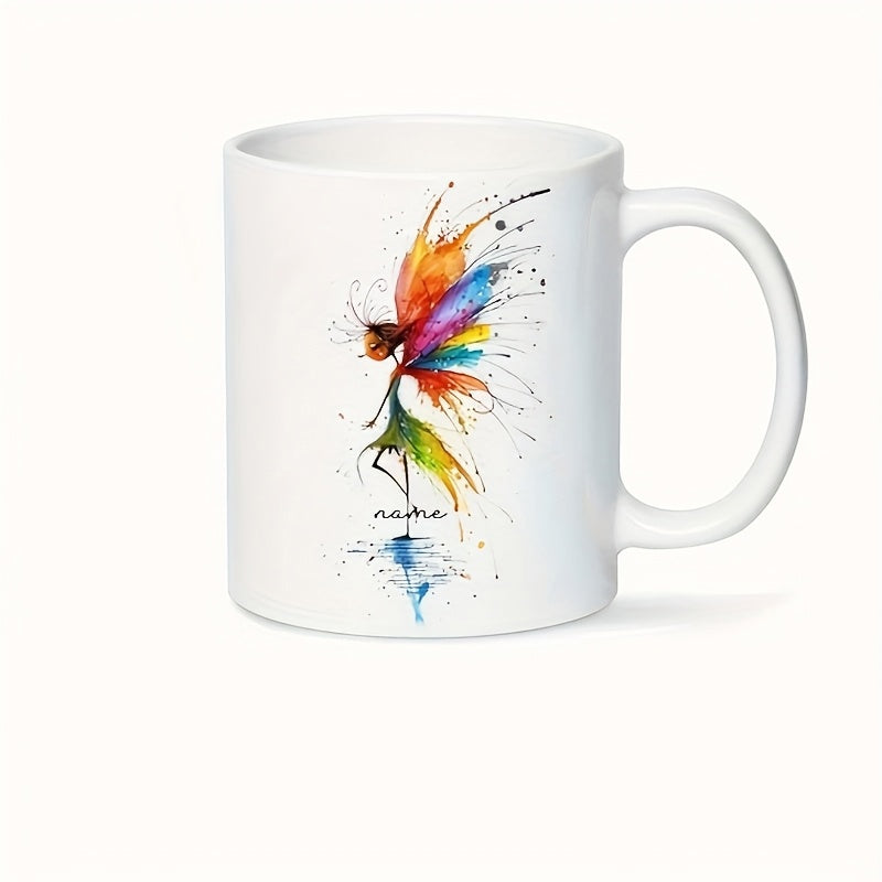 Tailorly White Ceramic 11 oz Mug - Vibrant Watercolor Splatter Wings Dancing Gracefully Above Water Reflection Fairy