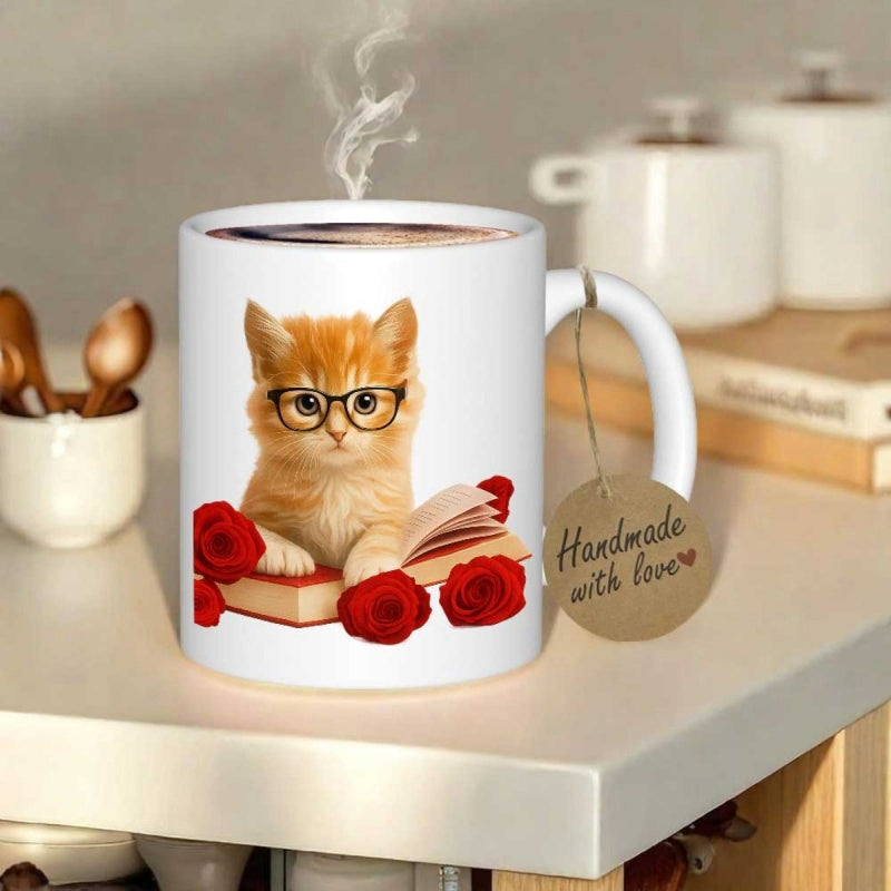 Tailorly White Ceramic 11 oz Mug - Handmade With Love Adorable Ginger Kitten Wearing Glasses Reading Behind Blooming Red Roses Cat