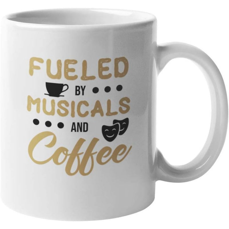 Tailorly White Ceramic 11 oz Mug - Fueled By Musicals And Coffee Classic Drama Masks Accompanied By A Minimalist Coffee Cup Icon Pattern