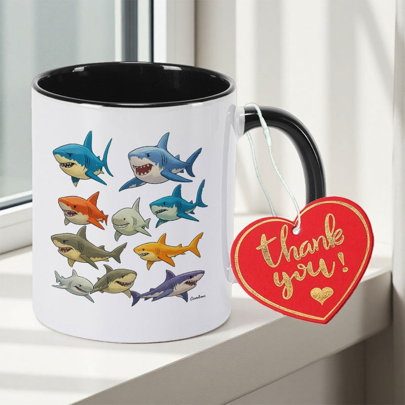 Tailorly Black Accent 11 oz Mug - Colorful Cartoon Sharks