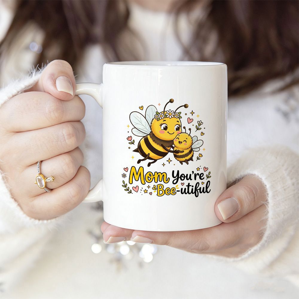 Tailorly White Ceramic 11 oz Mug - Mom Youre Beeutiful Two Cute Cartoon Bees Hugging With Tiny Floating Hearts And Stars Bee