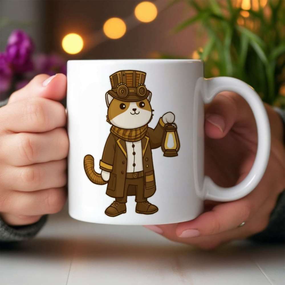 Tailorly White Ceramic 11 oz Mug - Vintage Steampunk Character Wearing Brown Coat While Holding Small Antique Lantern Cat