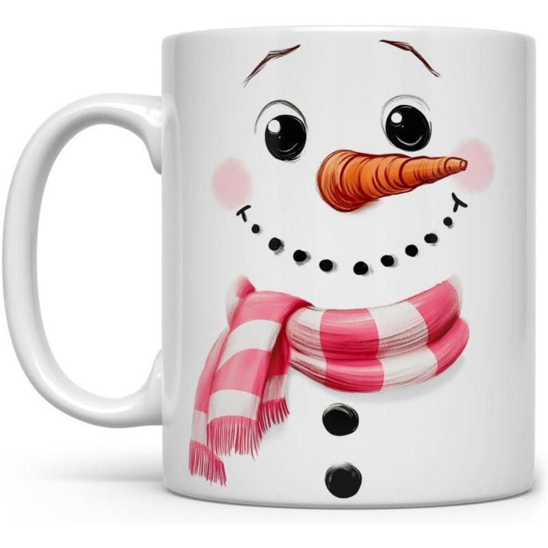 Tailorly White Ceramic 11 oz Mug - Cute Smiling Face Featuring Carrot Nose With Pink Striped Scarf Snowman