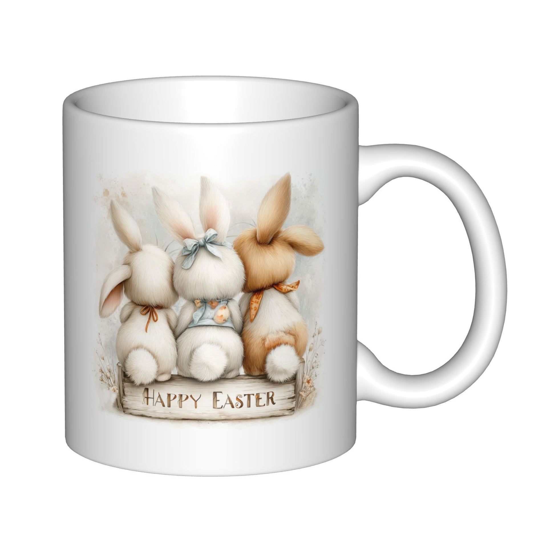 Tailorly White Ceramic 11 oz Mug - Happy Easter Three Soft Fluffy Watercolor Rabbits Sitting Closely In A Row Rabbit