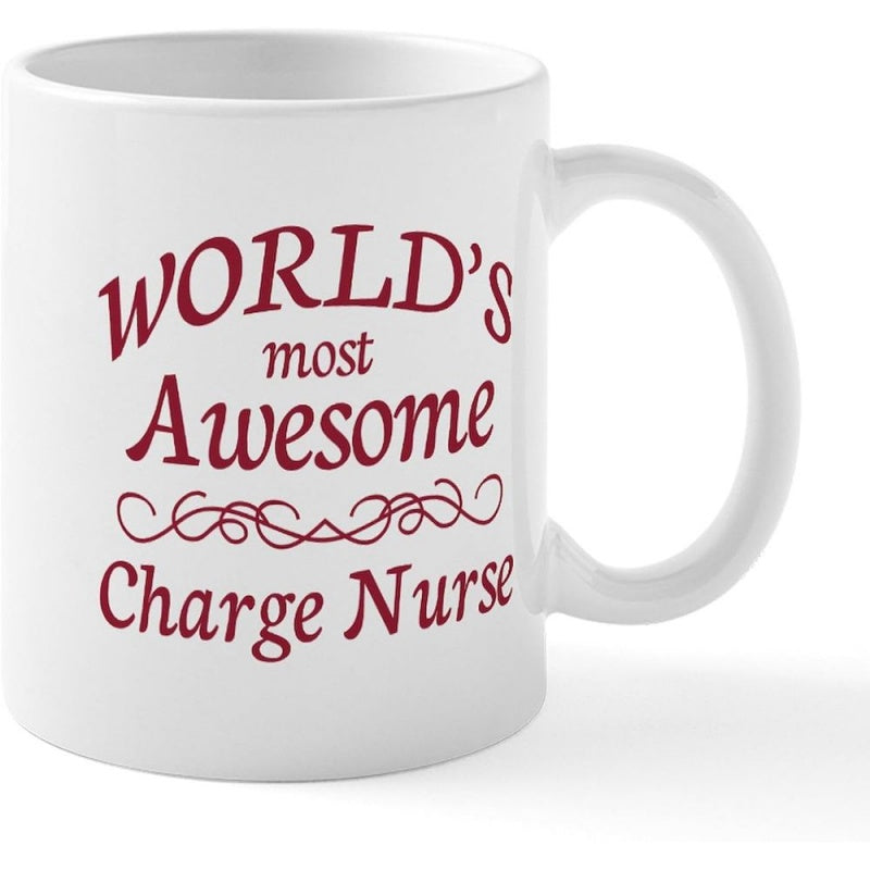 Tailorly White Ceramic 11 oz Mug - Worlds Most Awesome Charge Nurse Elegant Dark Red Script Typography With Decorative Filigree Scroll Nurse