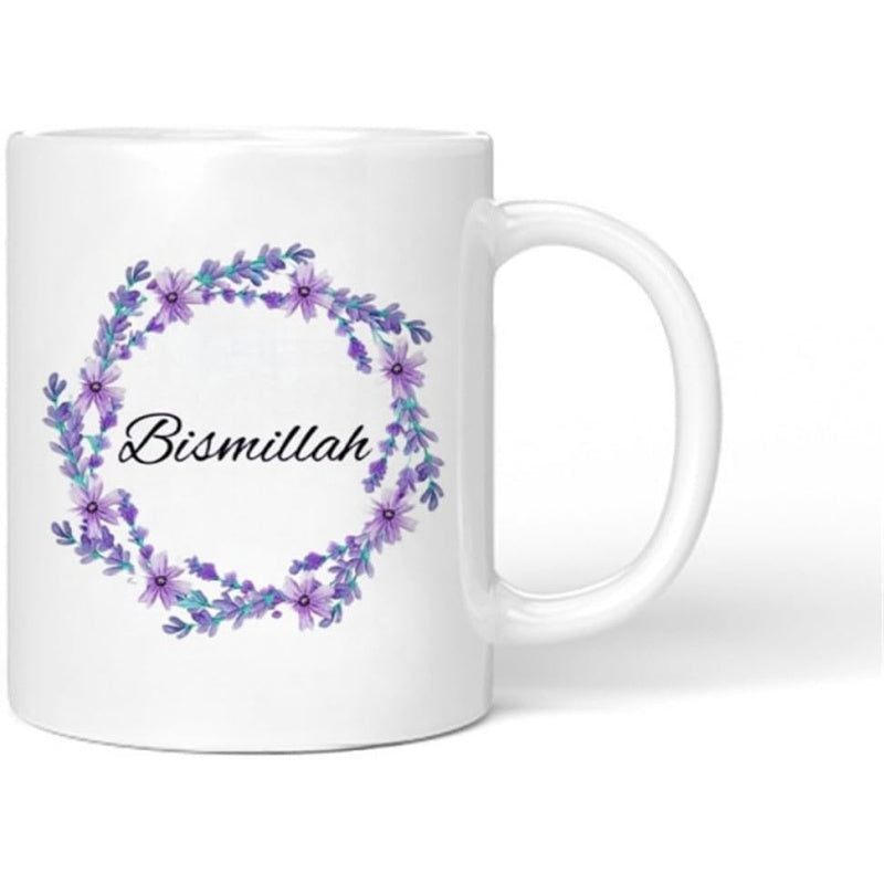 Tailorly White Ceramic 11 oz Mug - Bismillah Elegant Purple Lavender Flowers Forming A Delicate Circular Decorative Pattern Wreath