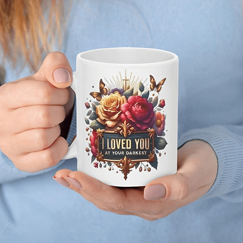 Tailorly White Ceramic 11 oz Mug - I Loved You At Your Darkest Vibrant Red And Yellow Roses Among Butterflies And Golden Frames Rose