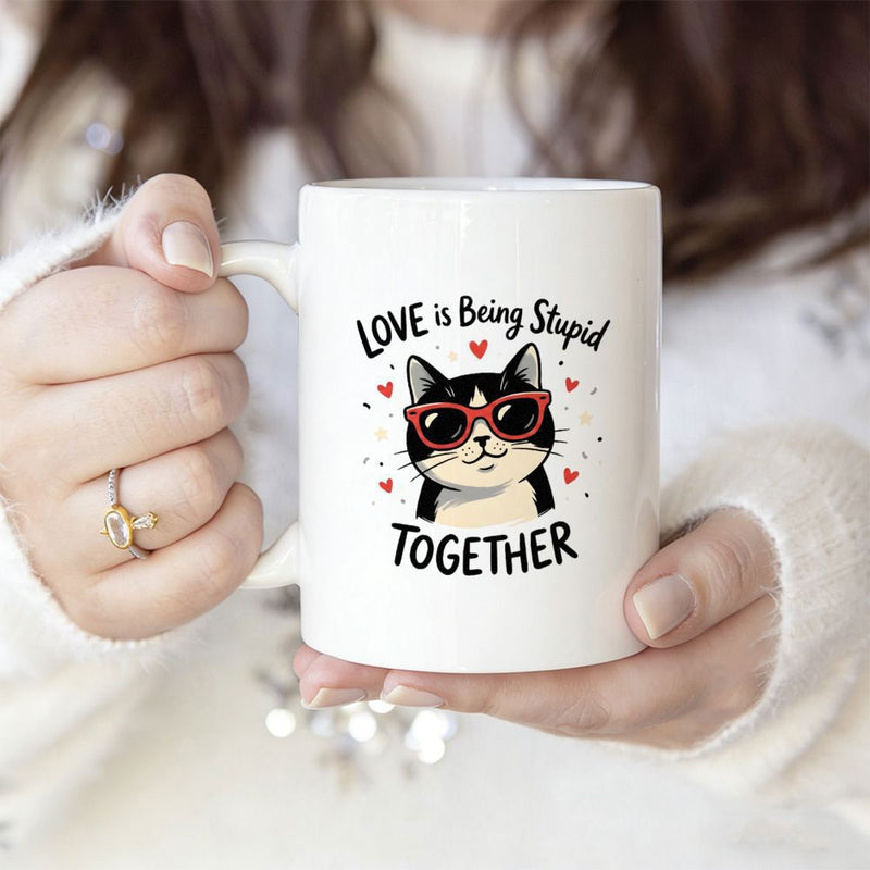 Tailorly White Ceramic 11 oz Mug - Love Is Being Stupid Together Adorable Tuxedo Cat Wearing Red Sunglasses Surrounded By Tiny Hearts Cat