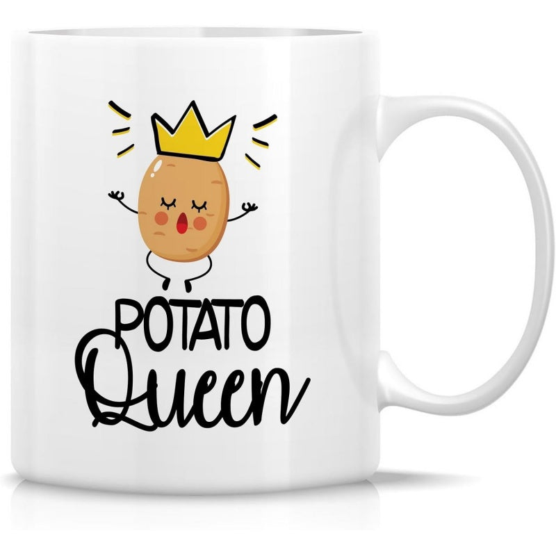 Tailorly White Ceramic 11 oz Mug - Potato Queen Adorable Little Brown Vegetable Character Wearing A Small Golden Crown Potato