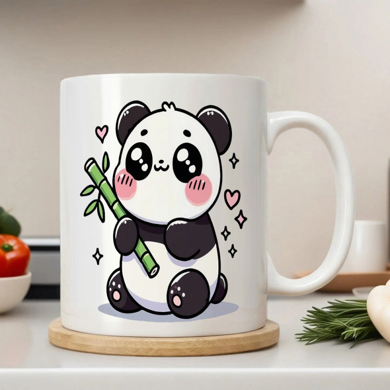 Tailorly White Ceramic 11 oz Mug - Adorable Cartoon Character Holding Green Bamboo Among Tiny Pink Hearts Panda