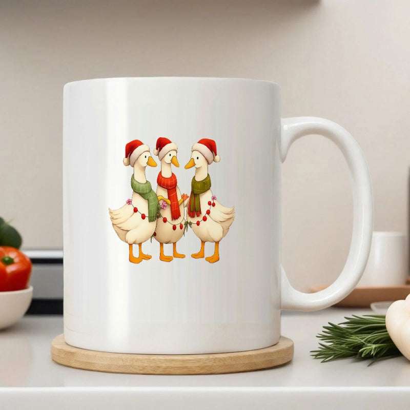 Tailorly White Ceramic 11 oz Mug - Three Whimsical White Christmas Geese Wearing Santa Hats And Colorful Scarves Goose