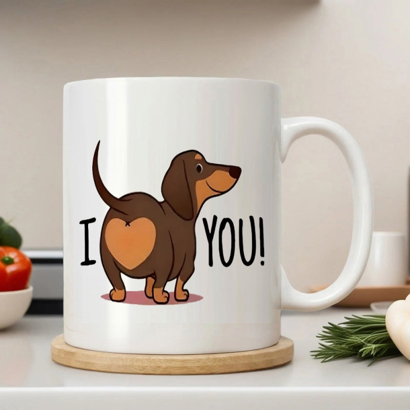 Tailorly White Ceramic 11 oz Mug - I You Adorable Cartoon Brown Dog With Heart Shape On Its Little Rear Dachshund