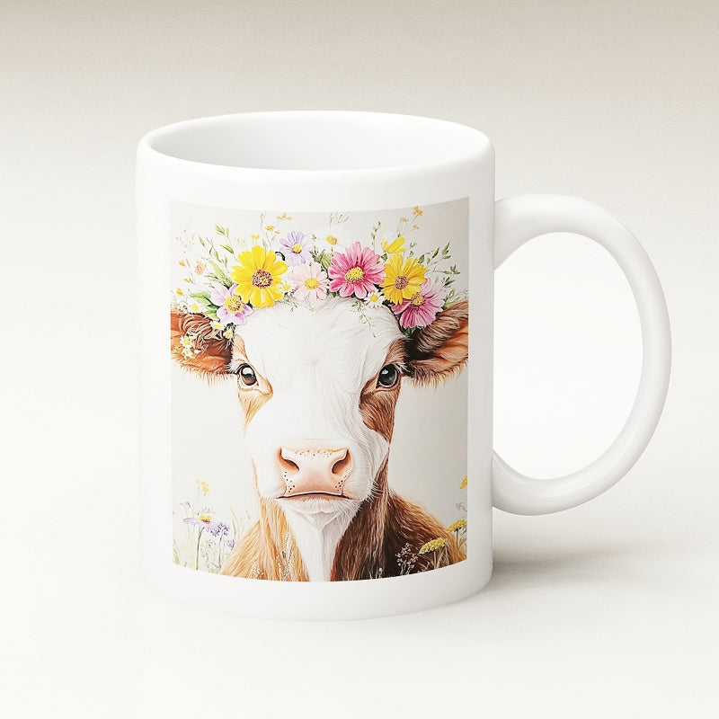 Tailorly White Ceramic 11 oz Mug - Charming Watercolor Calf Wearing A Vibrant Floral Crown Among Meadow Wildflowers Cow