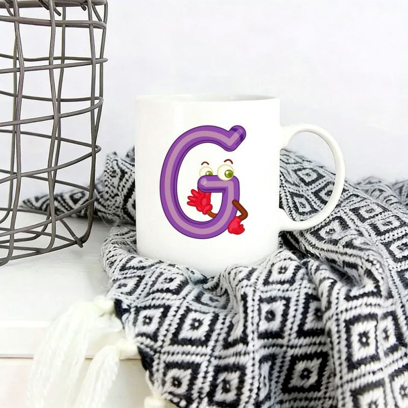 Tailorly White Ceramic 11 oz Mug - G Creative Three Dimensional Purple Letter With Animated Eyes And Gloves Character