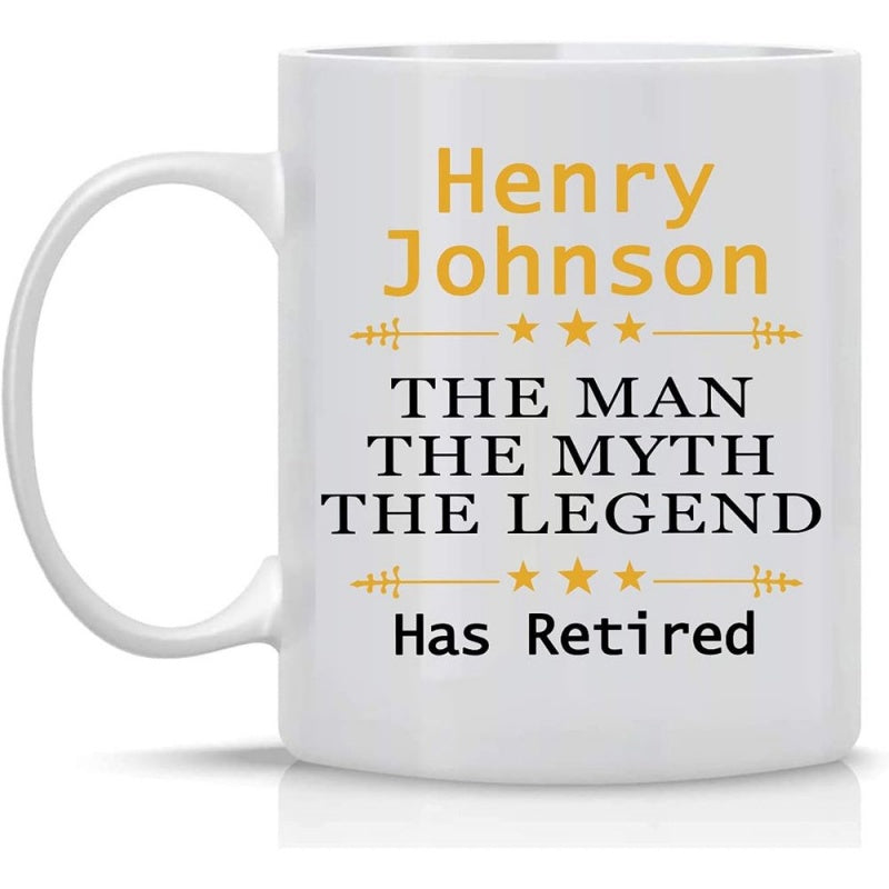 Tailorly White Ceramic 11 oz Mug - Henry Johnson The Man The Myth The Legend Has Retired With Golden Decorative Stars And Horizontal Lines Pattern Mug