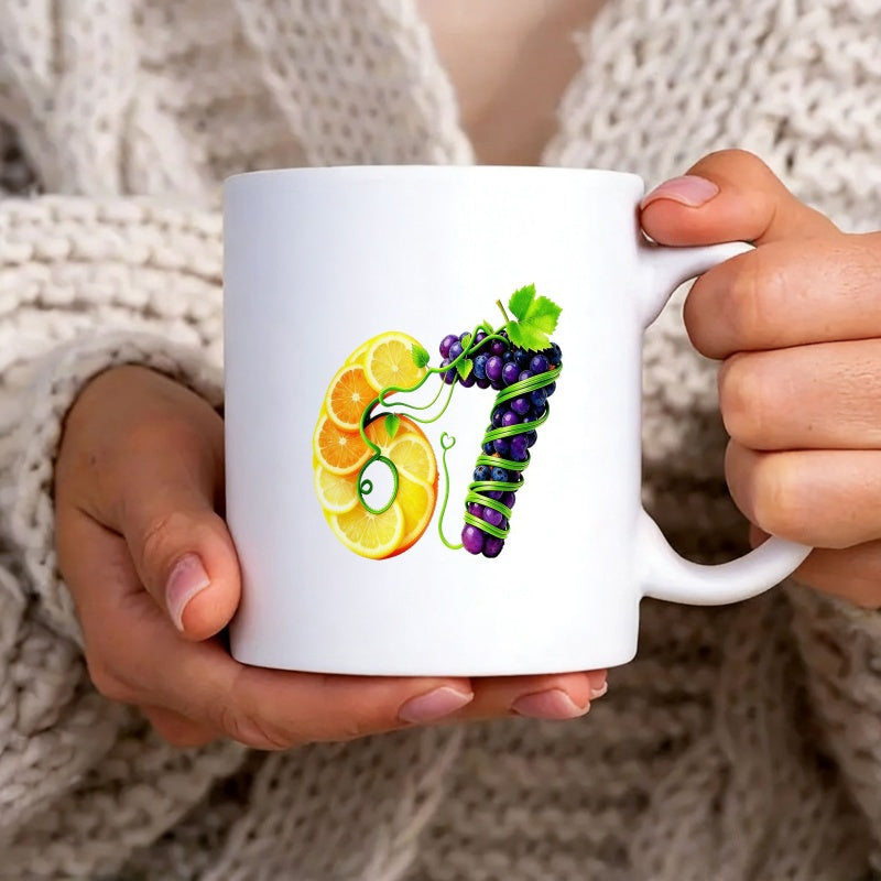 Tailorly White Ceramic 11 oz Mug - Vibrant Slices Of Orange And Purple Grapes Forming Artistic Numbers Mug