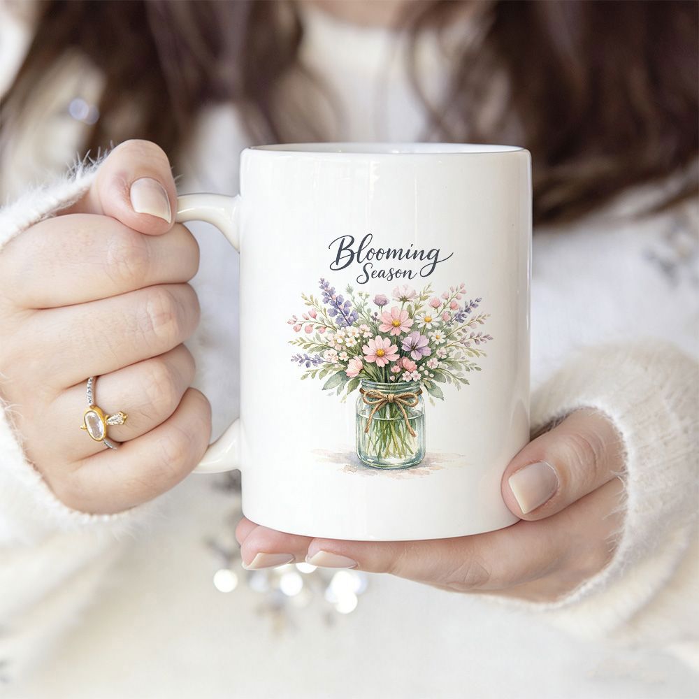 Tailorly White Ceramic 11 oz Mug - Blooming Season Elegant Mason Jar With Wildflowers And Lavender In Delicate Pastel Colors Bouquet