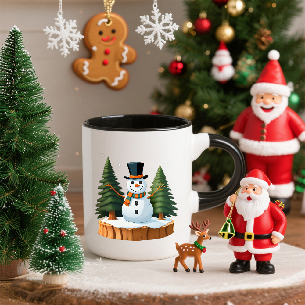 Tailorly Black Accent 11 oz Mug - Snowman in Hat & Winter Trees