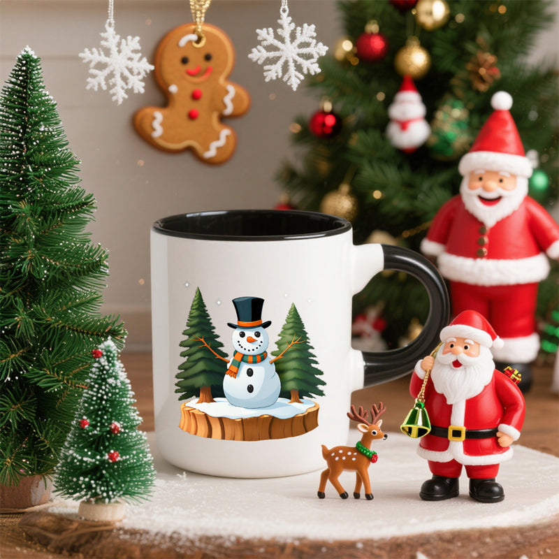 Tailorly Black Accent 11 oz Mug - Snowman in Hat & Winter Trees