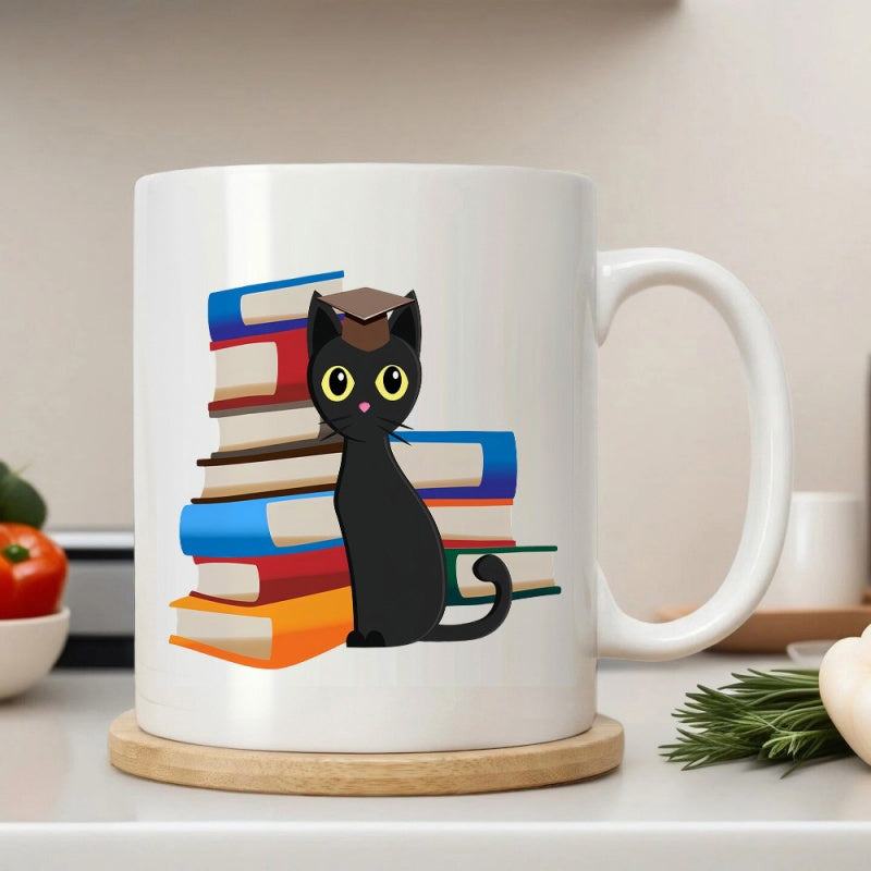 Tailorly White Ceramic 11 oz Mug - Adorable Black Scholar With Mortarboard Hat Resting Beside Stacked Academic Books Cat