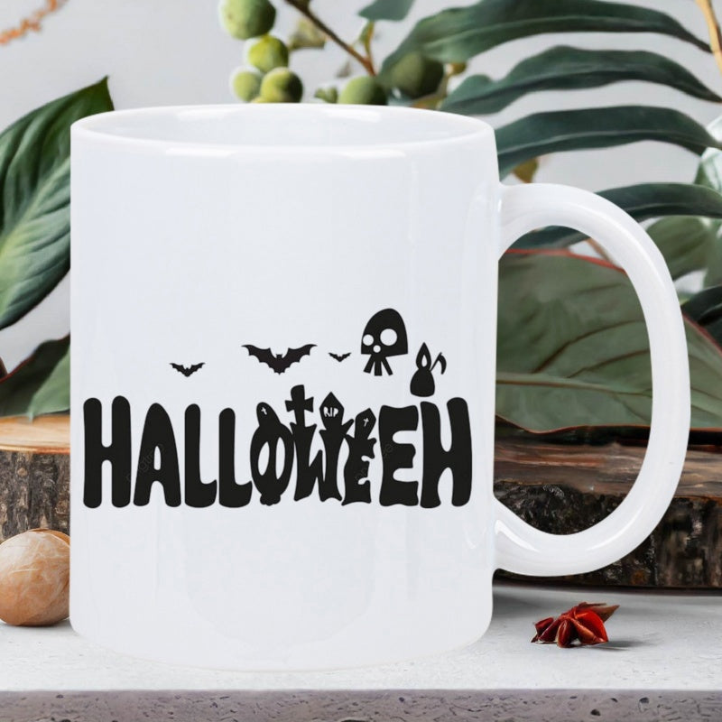 Tailorly White Ceramic 11 oz Mug - Halloween Spooky Silhouette Featuring Bats Ghosts And A Creepy Skull Mug