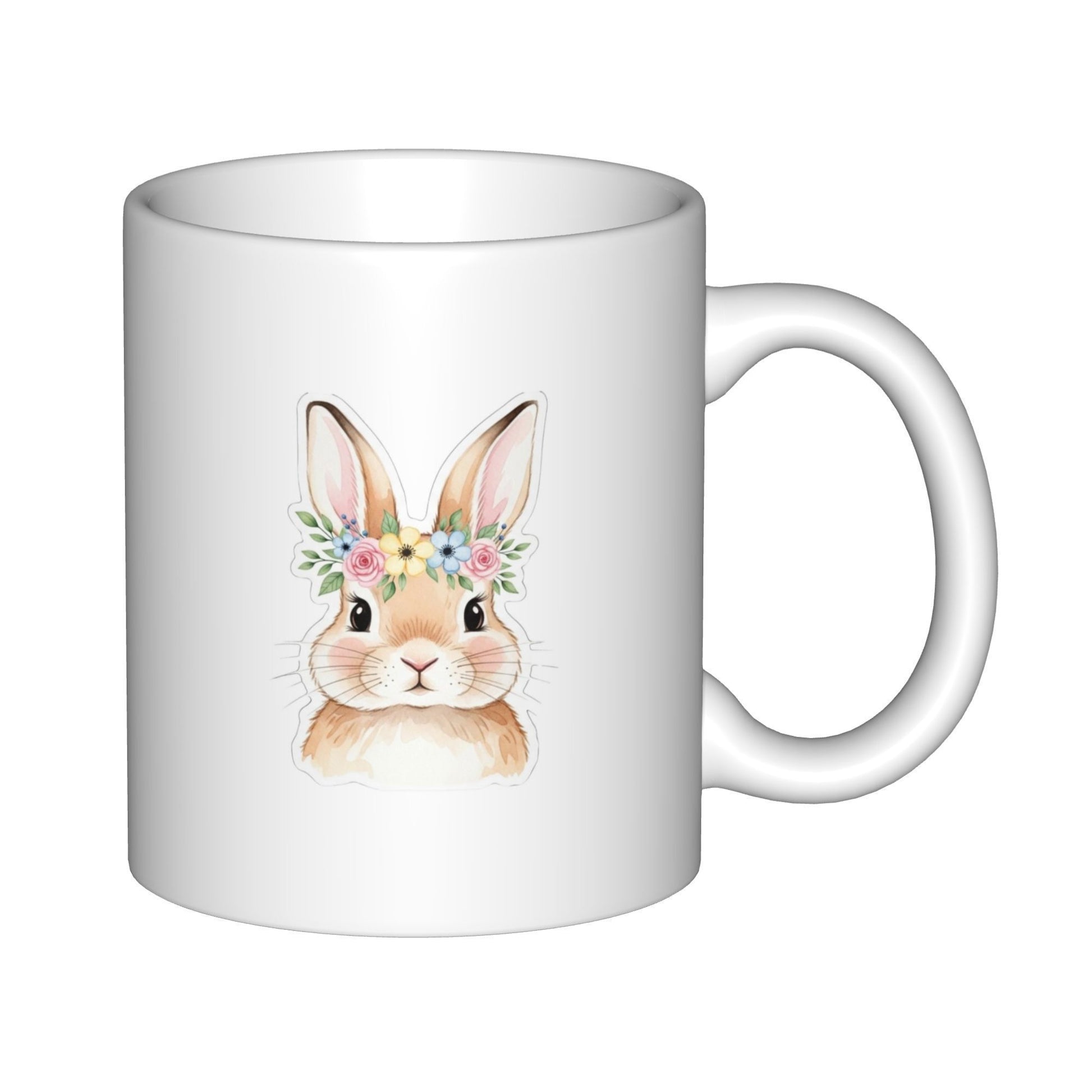 Tailorly White Ceramic 11 oz Mug - Adorable Watercolor Style Bunny Wearing A Colorful Floral Wreath Crown Rabbit