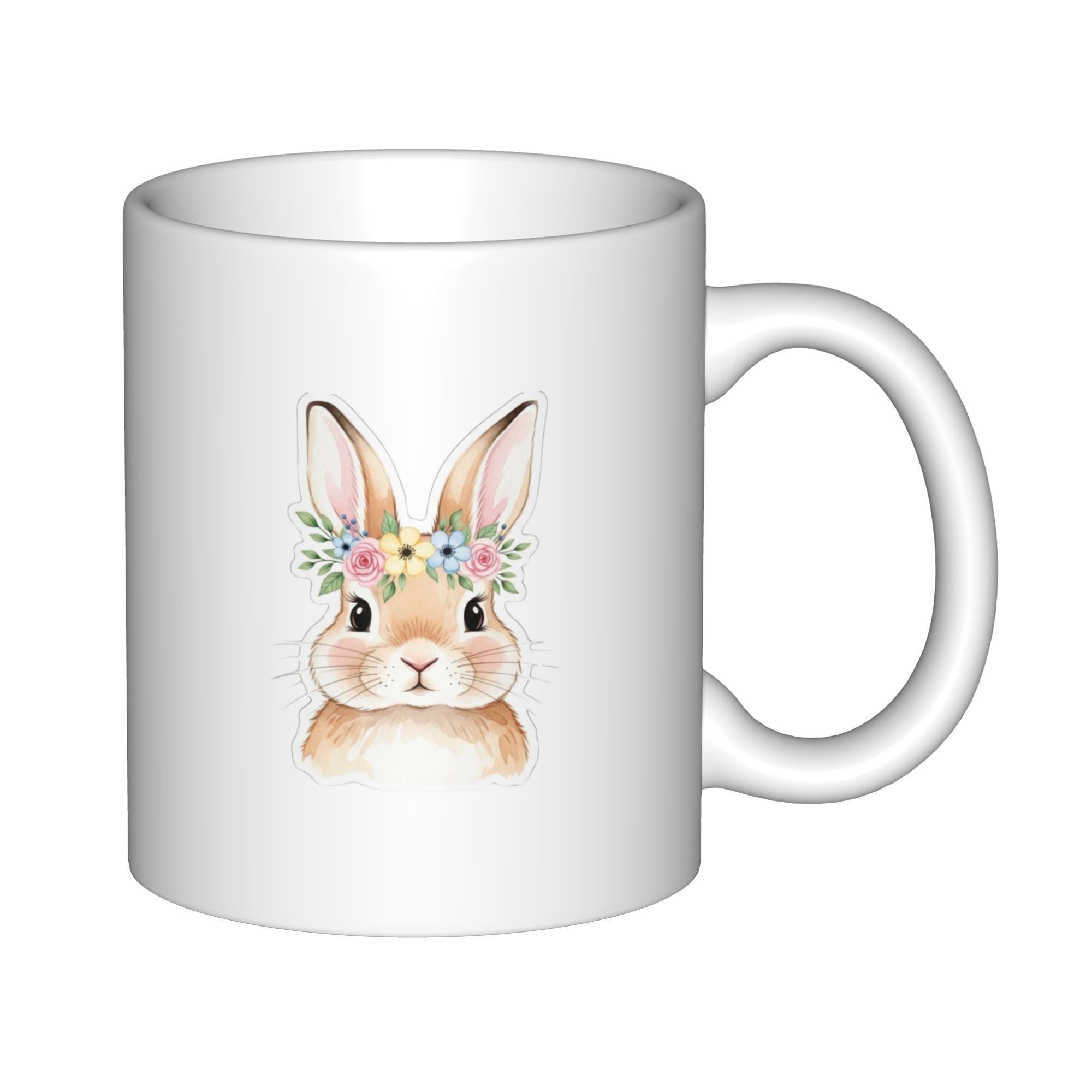 Tailorly White Ceramic 11 oz Mug - Adorable Watercolor Style Bunny Wearing A Colorful Floral Wreath Crown Rabbit