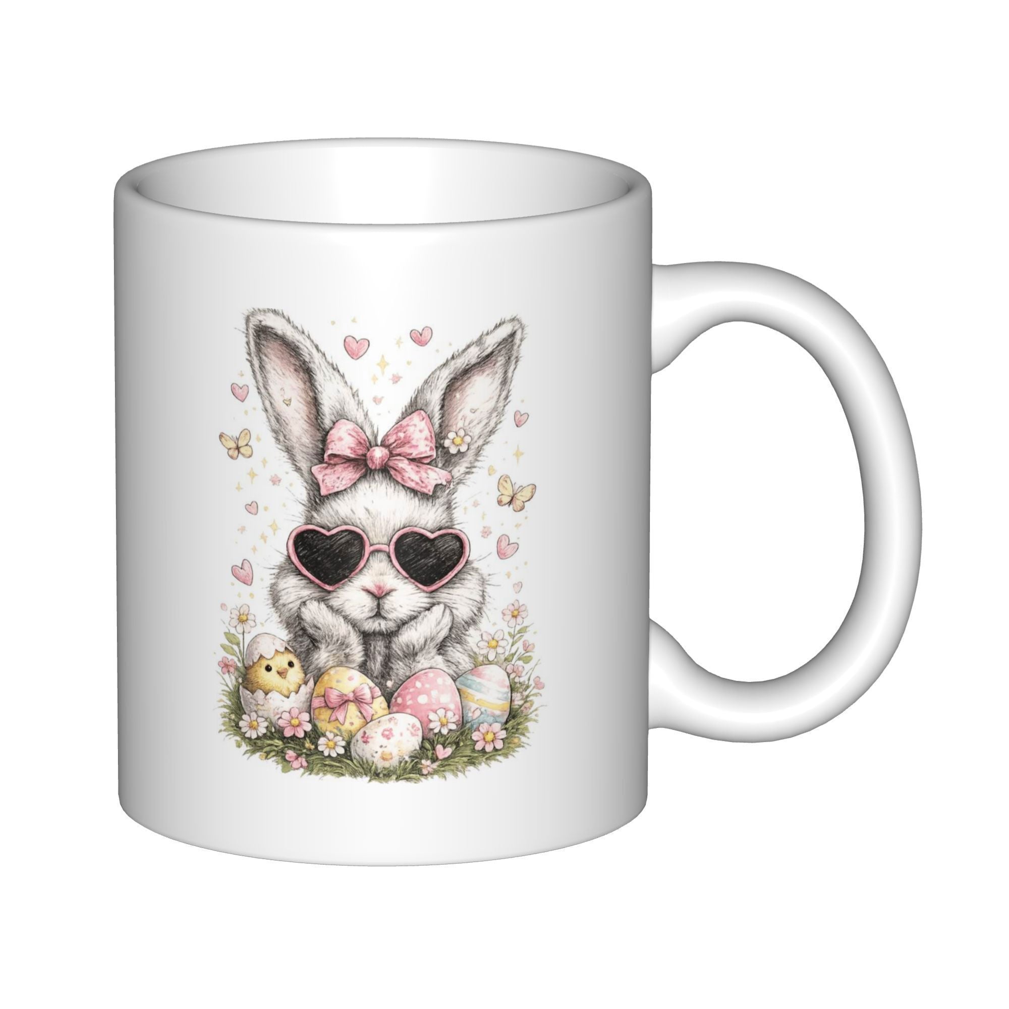 Tailorly White Ceramic 11 oz Mug - Adorable Hand Drawn Easter Bunny Wearing Heart Sunglasses Among Colorful Eggs Rabbit