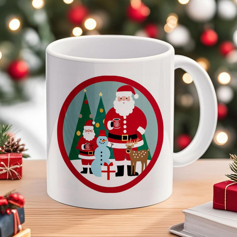 Tailorly White Ceramic 11 oz Mug - Jolly Christmas Figures Standing With Snowman And Reindeer Among Pine Trees Santa Claus