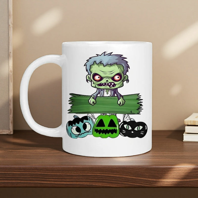 Tailorly White Ceramic 11 oz Mug - Spooky Cartoon Halloween Undead Character Holding A Green Wooden Sign Zombie