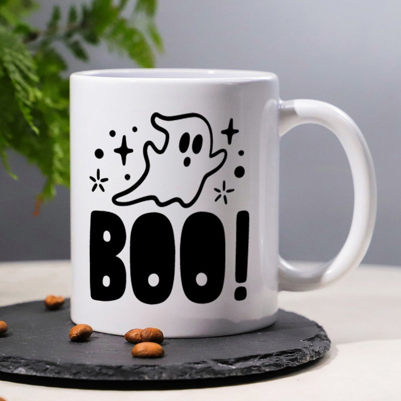 Tailorly White Ceramic 11 oz Mug - Boo Floating Whimsical Spooky Specter Among Sparkling Magic Stars And Twinkling Dots Ghost