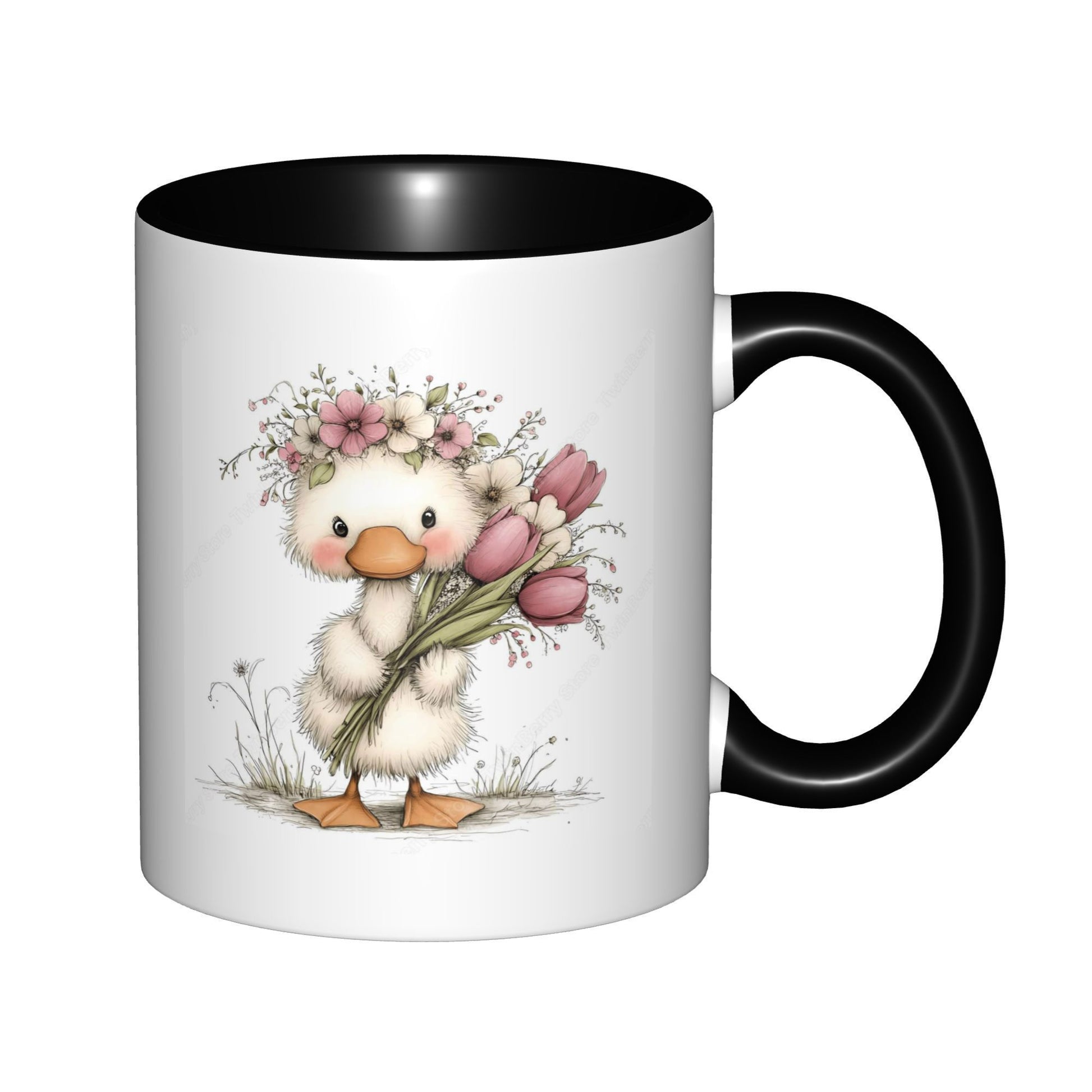 Tailorly Black Accent 11 oz Mug - cute fluffy with a flower holding a bouquet of black inner rim and handle spring gifts easter decor and