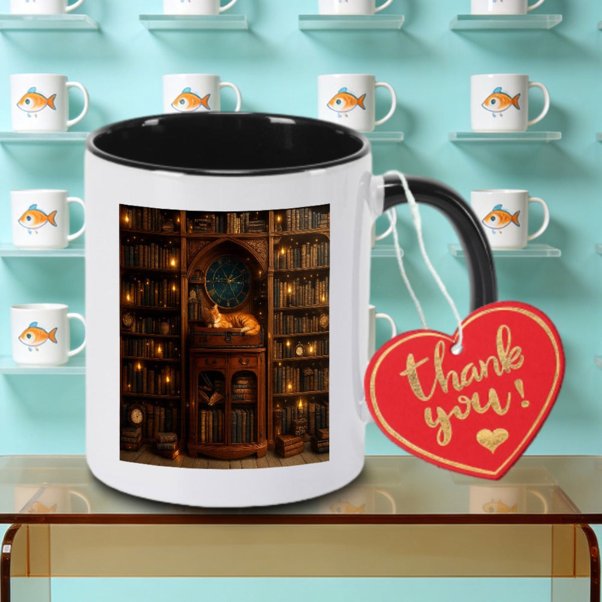 Tailorly Black Accent 11 oz Mug - Black Handle and Library Logo Halloween