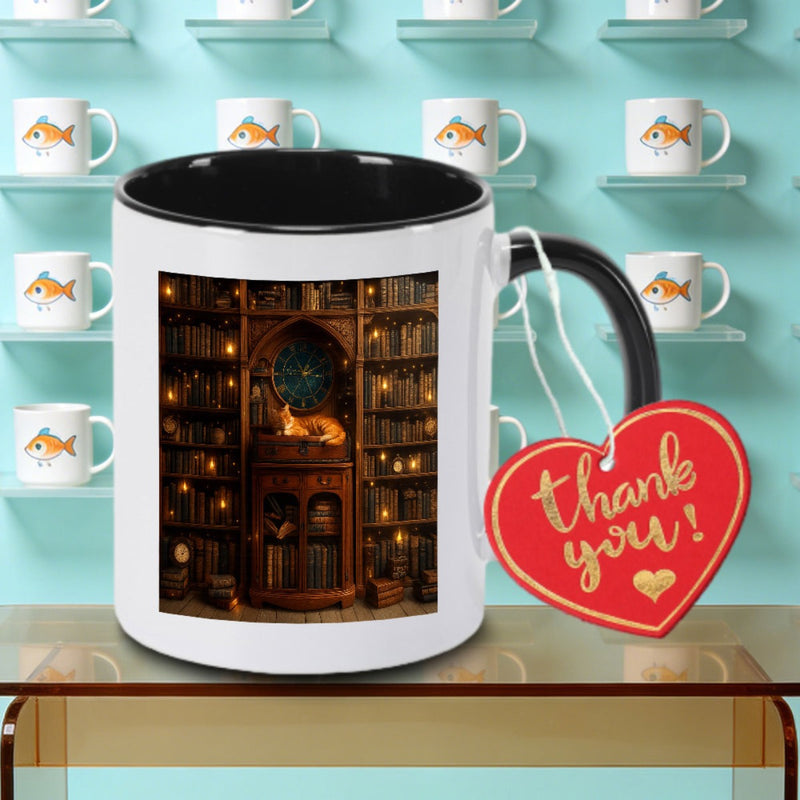 Tailorly Black Accent 11 oz Mug - Black Handle and Library Logo Halloween