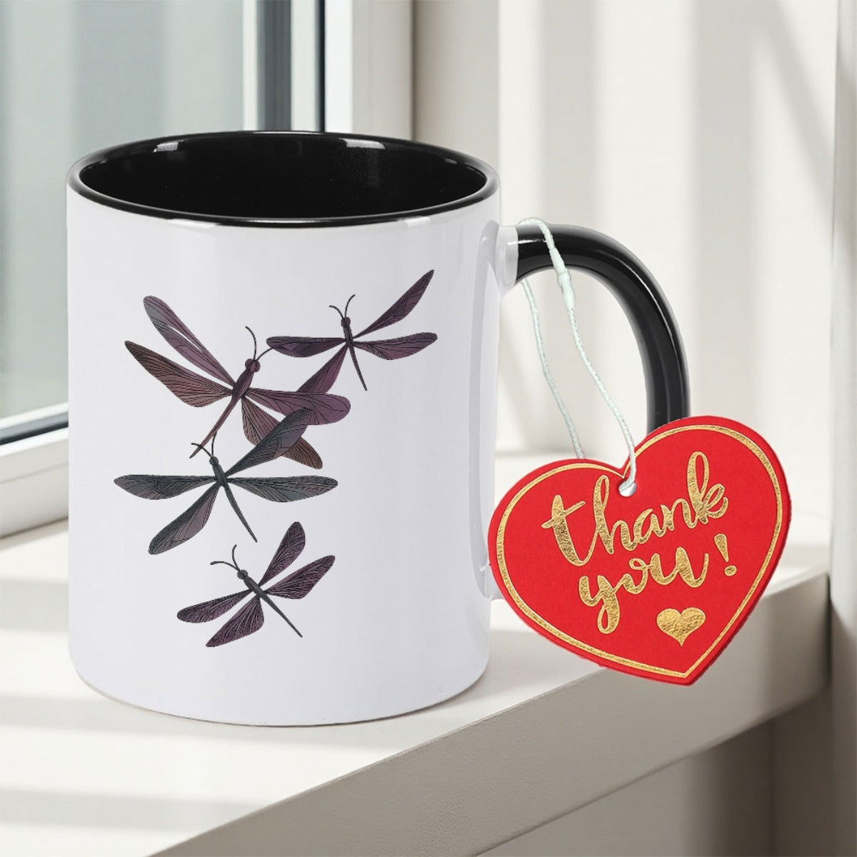 Tailorly Black Accent 11 oz Mug - Purple Dragonflies on White