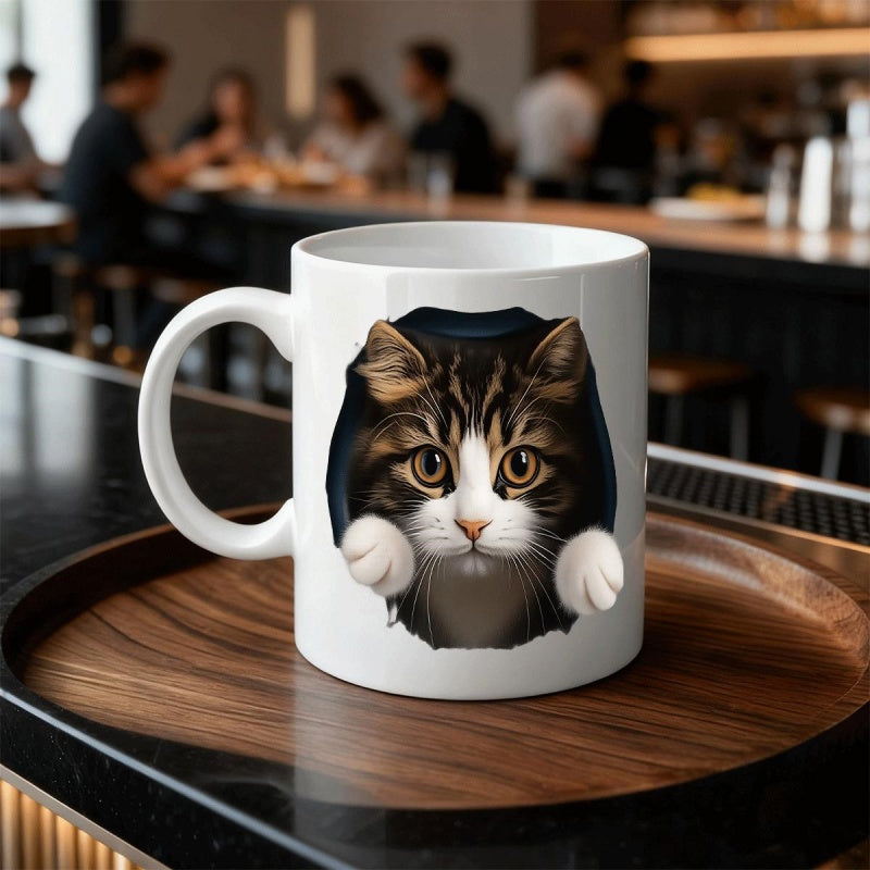 Tailorly White Ceramic 11 oz Mug - Realistic Brown Tabby Peeking Out From A Dark Recessed Hole Cat