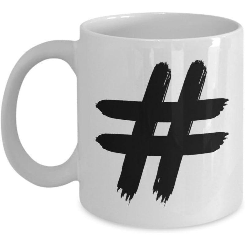 Tailorly White Ceramic 11 oz Mug - Bold Black Hand Painted Artistic Brush Stroke Design Symbol Hashtag
