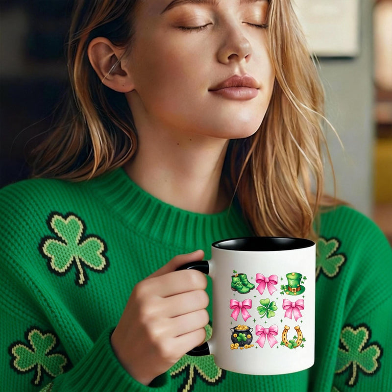 Tailorly Black Accent 11 oz Mug - shamrock bow hat pot horseshoe clover