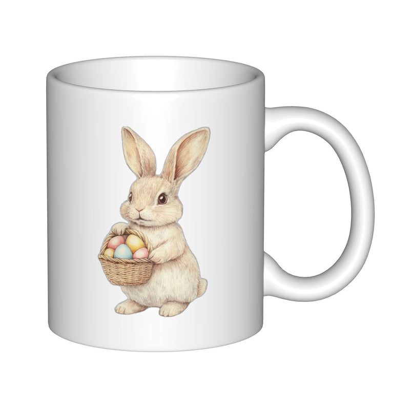 Tailorly White Ceramic 11 oz Mug - Adorable Watercolor Style Holding A Small Wicker Basket Of Colorful Easter Eggs Rabbit