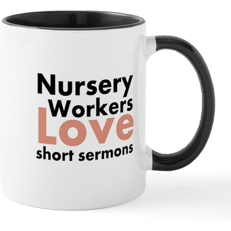 Tailorly Black Accent 11 oz Mug - "nursery workers" text， nursery themed graphics
