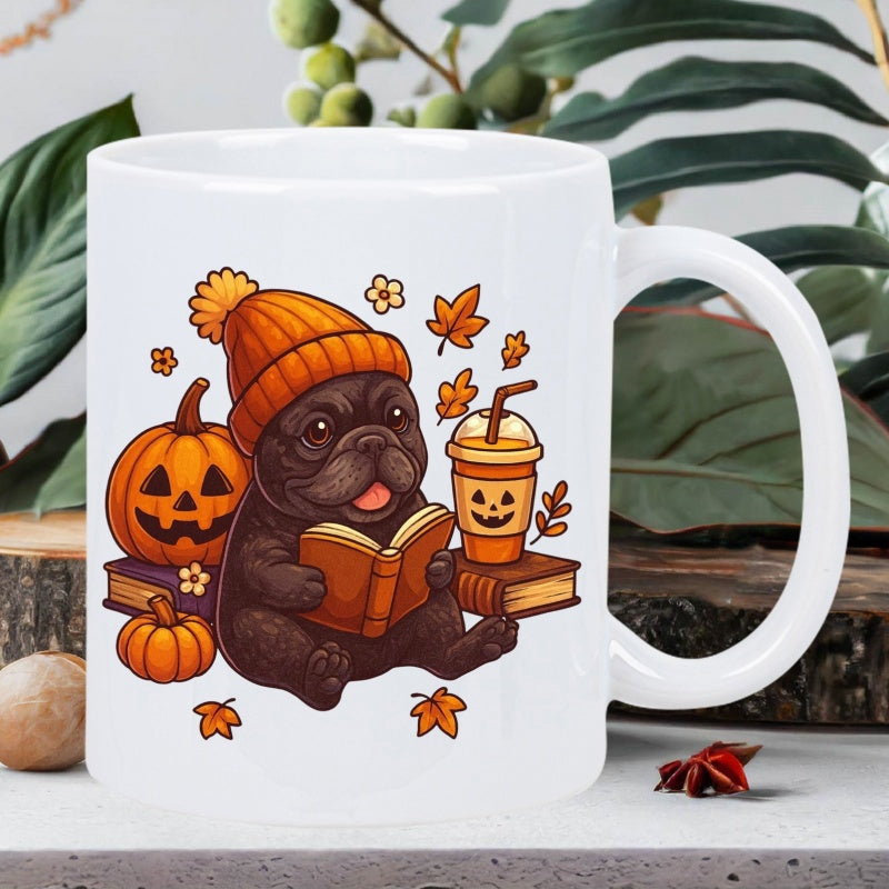 Tailorly White Ceramic 11 oz Mug - Cute Cartoon Dog Wearing Beanie Reading Book Among Autumn Leaves And Harvest Pumpkins Pug