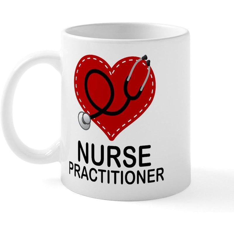Tailorly White Ceramic 11 oz Mug - Nurse Practitioner Stitched Red Heart With Elegant Black Curving Medical Professional Stethoscope