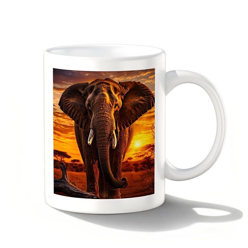 Tailorly White Ceramic 11 oz Mug - Majestic African Savanna Scene Under A Warm Golden Sunset Glow Elephant